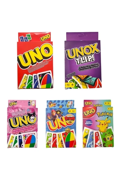 Uno + Unox Tlip + Kuromi Uno + Pokemon Uno + Brawl Stars Uno Oyun Kartları - 5 li Set ürün görseli 1