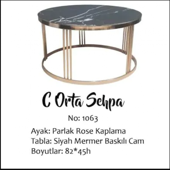 Brc 19454 Orta Sehpa C Siyah Mermer Temper Cam Metal ROSE Kaplama Ayak El Yapım ürün görseli 1
