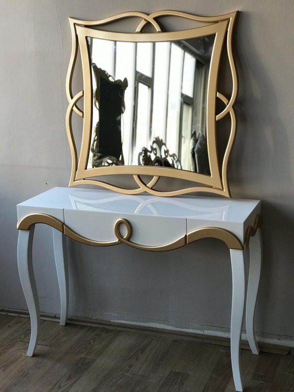 Dresuar 18214 TOMBUL AYAK model Kayın Torna MDF Çekm tabla Parlak GOLD-beyaz Ayna ürün görseli 1