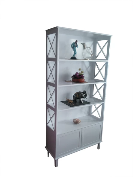 Kitaplık 18057 ÇAPRAZ Yan Model Kayın MDF Torna Alt Kapak raf Parlak Beyaz Lake ürün görseli 1
