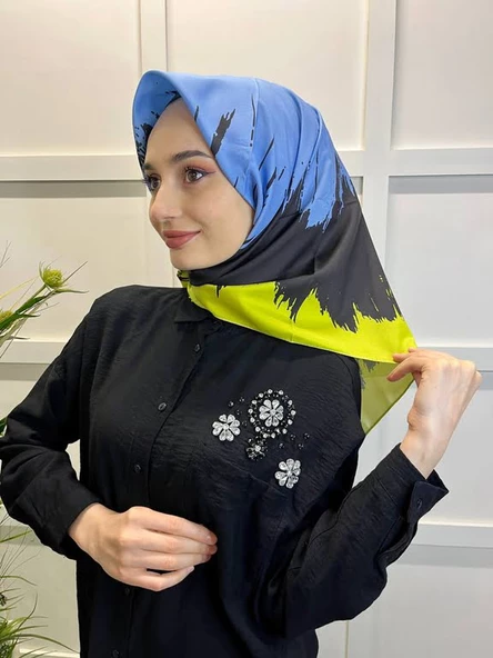 Eflatun Scarf Dijital Baskı Renkli Rayon Eşarp 00749  NEON SARI ürün görseli 1
