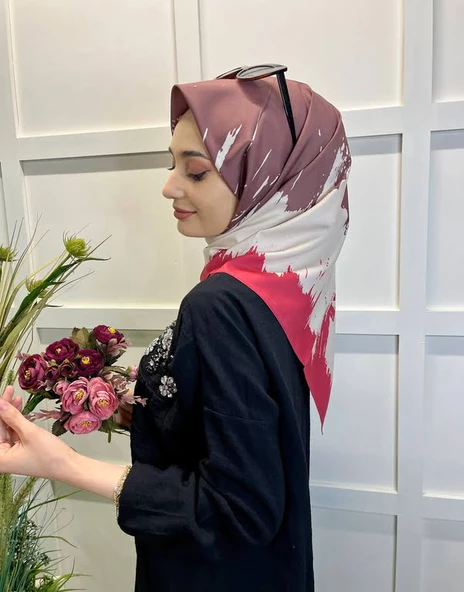 Eflatun Scarf Dijital Baskı Renkli Rayon Eşarp 00749  KREM KIRMIZI ürün görseli 1