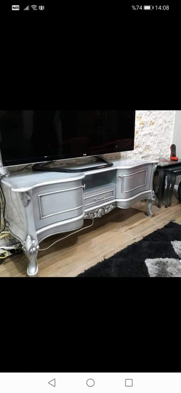 Tv Sehpa ST 17394 Veli Klasik Model Bombe Kayın Aslan Ayak Oyma Nakış Gölge Beyaz ürün görseli 1