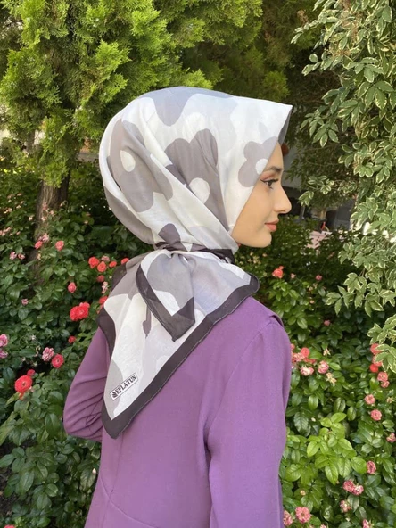 Eflatun Scarf Pamuklu (Cotton) Çiçek Desenli Eşarp 00588  SİYAH GRİ ürün görseli 1