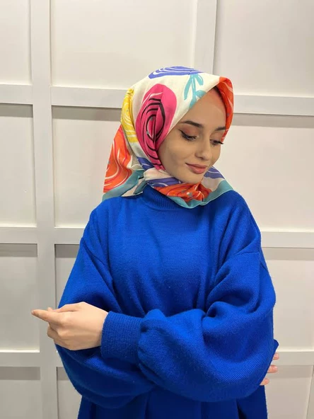 Eflatun Scarf Pamuklu (Cotton) Minimal Çiçek Desenli Eşarp 00747  SU YEŞİLİ ürün görseli 1
