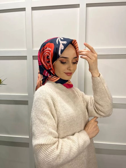 Eflatun Scarf Pamuklu (Cotton) Minimal Çiçek Desenli Eşarp 00747  LACİVERT FUŞYA ürün görseli 1