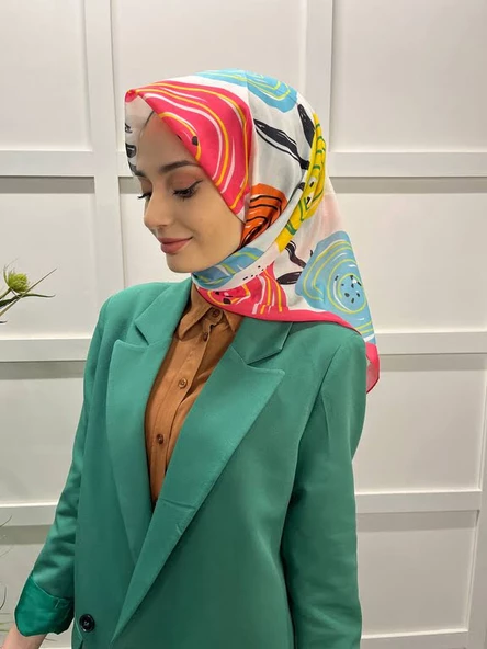 Eflatun Scarf Pamuklu (Cotton) Minimal Çiçek Desenli Eşarp 00747  PEMBE ürün görseli 1