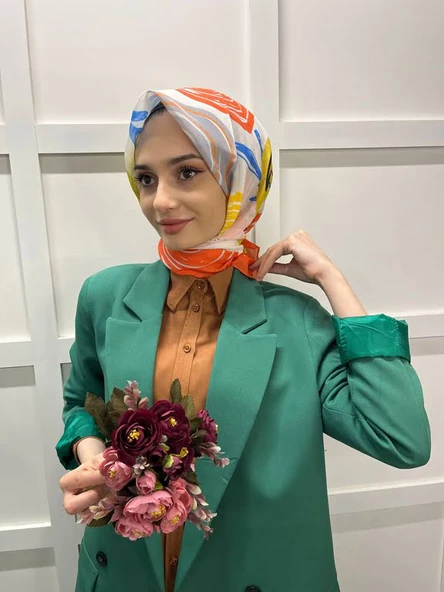 Eflatun Scarf Pamuklu (Cotton) Minimal Çiçek Desenli Eşarp 00747  TURUNCU ürün görseli 1