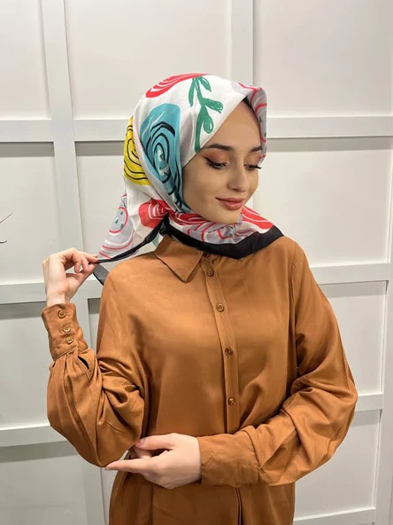 Eflatun Scarf Pamuklu (Cotton) Minimal Çiçek Desenli Eşarp 00747  SİYAH TURKUAZ ürün görseli 1
