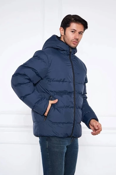 Erkek Kapüşonlu Regular Fit Şişme Mont Lacivert - Resim 3