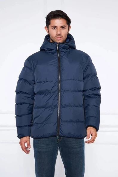 Erkek Kapüşonlu Regular Fit Şişme Mont Lacivert ürün görseli 1