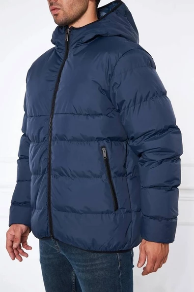 Erkek Kapüşonlu Regular Fit Şişme Mont Lacivert - Resim 5