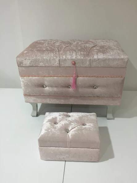 Çeyiz 13234 SANDIK Kapitone Küçük set Model PEMBE Kadife Kumaş İçi tela El Yapım ürün görseli 1