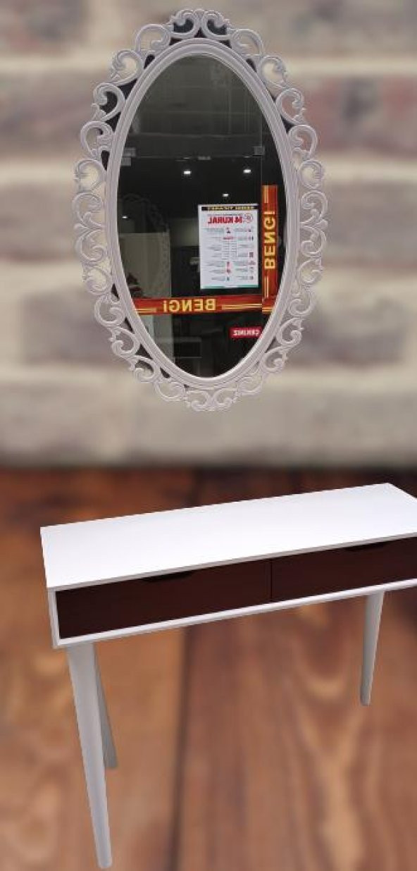 Dresuar 90015 Ahşap Kayın Retro Ayak Çift Çekm MOTİFLİ Ayna Beyaz Ceviz El Yapım ürün görseli 1