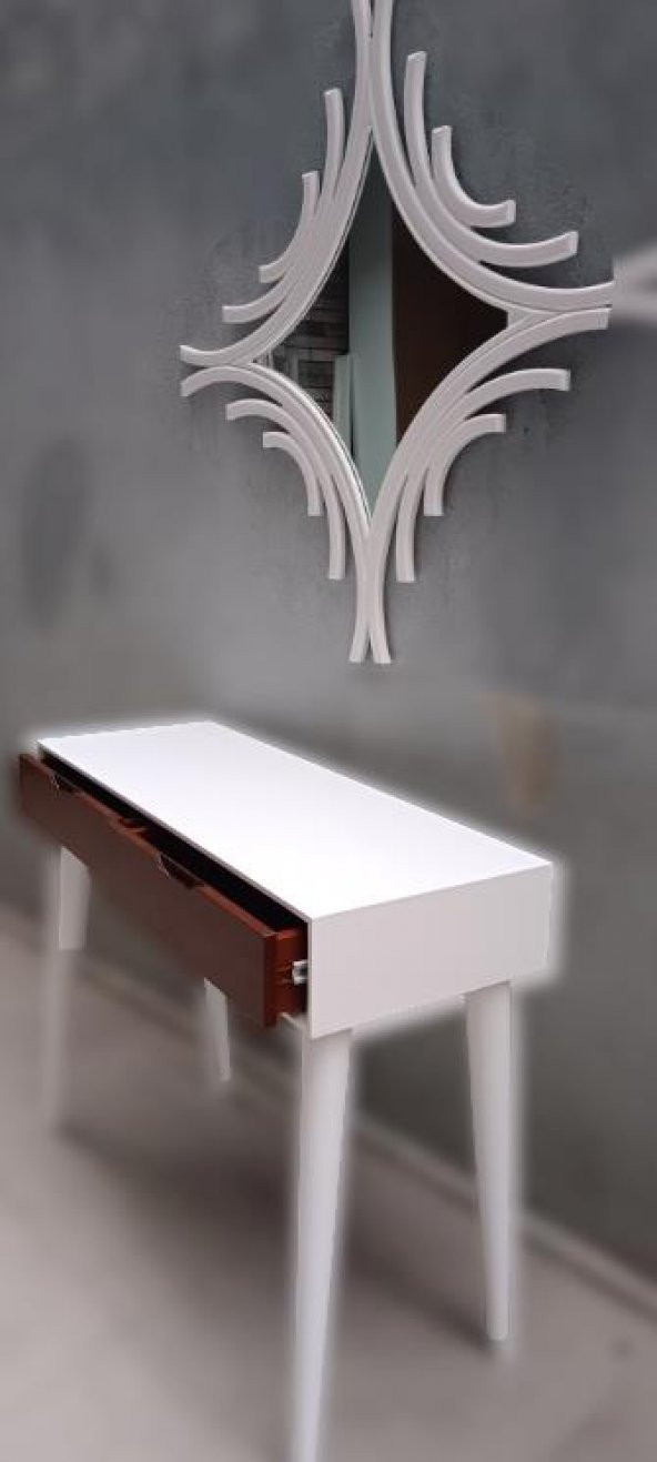 Dresuar 90016 MODEL Ahşap Kayın Retro Ayak Çift Çekm CNC Ayna Beyaz Cevz El Yapım ürün görseli 1