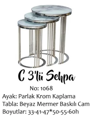 Brc EKO C 13382 Zigon Sehpa 3lü Beyaz Mermer Desen Metal Parlak Krom Ayak El Yapı ürün görseli 1