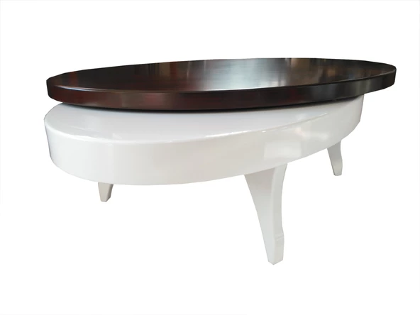 Döner Orta 13826 sehpa Oval Klas;ik Model Kayın Retro Ayak MDF Tabla Parlak Beyaz ürün görseli 1