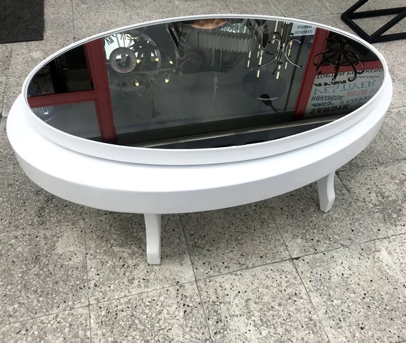 Döner Orta sehpa 13828 OVAL Klasik Kayın Retro Ayak MDF Tabla Beyaz füme cam ürün görseli 1