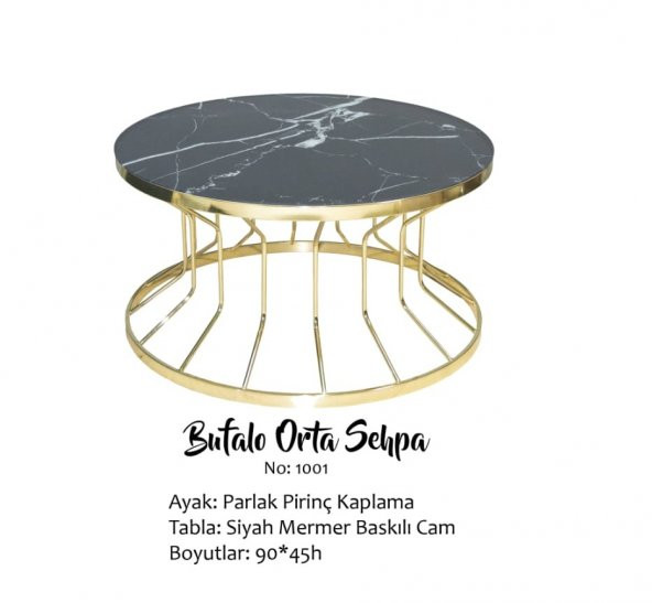 Brc 14051 Orta Sehp Bufalo SİYAH Mermer TEMPER Cam Metal GOLD renk kaplam El yapı ürün görseli 1
