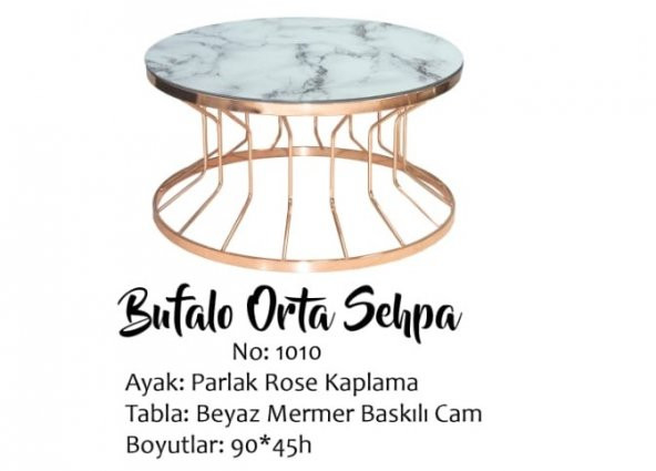 Brc 14053 Orta Sehpa Bufalo Beyaz Mermer TEMPER Cam Rose renk kaplama El Yapım ürün görseli 1