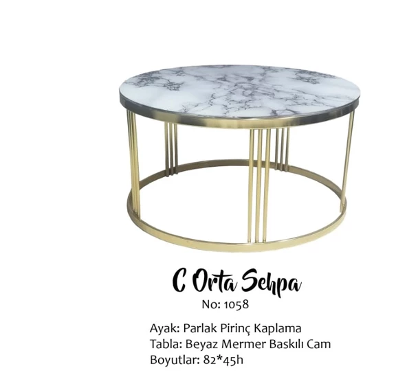 Brc 14057 Sehpa C Model BEYAZ MERMER TEMPER Cam Metal GOLD renk Ayak El Yapım ürün görseli 1