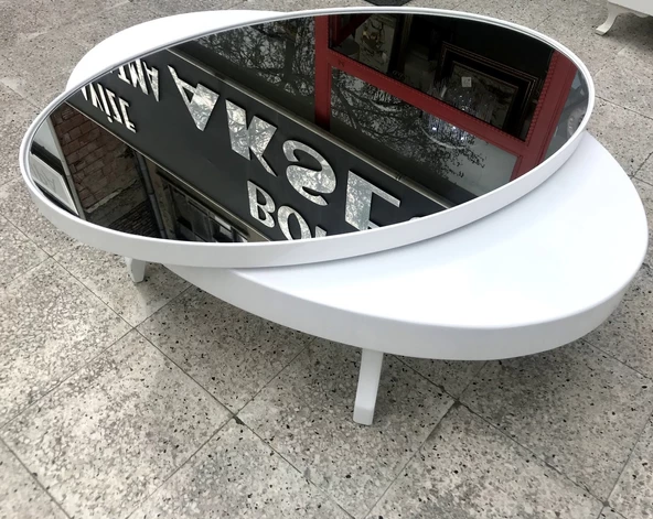 Orta sehpa 17140 Dönerli OVAL İNOVATİF Kayın Ayak MDF Tabla Parlak Beyaz füme cam ürün görseli 1
