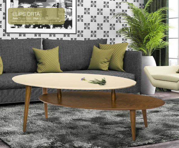 Orta sehpa 17604 OSM ELİPS Model Sehpa Parlak Ceviz Krem Kayın torna ayak El Yapı ürün görseli 1
