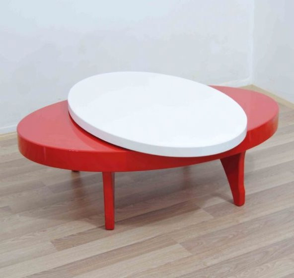 Orta sehpa 17780 Döner OVAL Kayın Retro Ayak Mdf Tabla Beyaz Kırmızı El Yapım ürün görseli 1