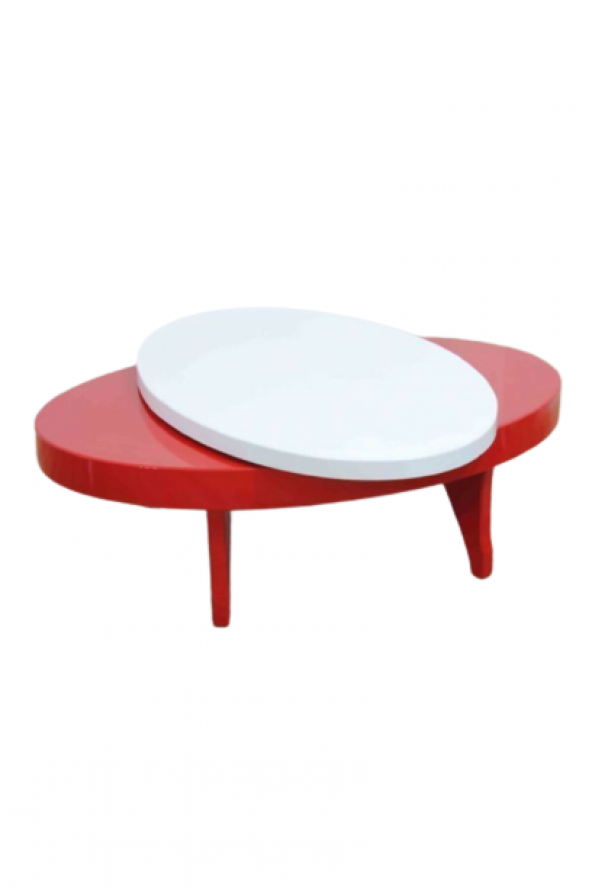 Dönerli orta sehpa 18586 Oval Kayın Retro Ayak MDF Tabla Beyaz Kırmızı El yapım ürün görseli 1