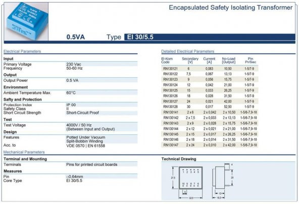 Trafo El-Kom 0,5VA 2X12V mavi RN130144 - Resim 2