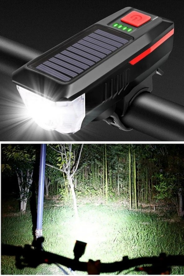 Solar Bisiklet Işığı Ön Farı Bisiklet Kornası Su Geçirmez Güneş Enerjili Usb Şarjlı Ön Feneri ürün görseli 1