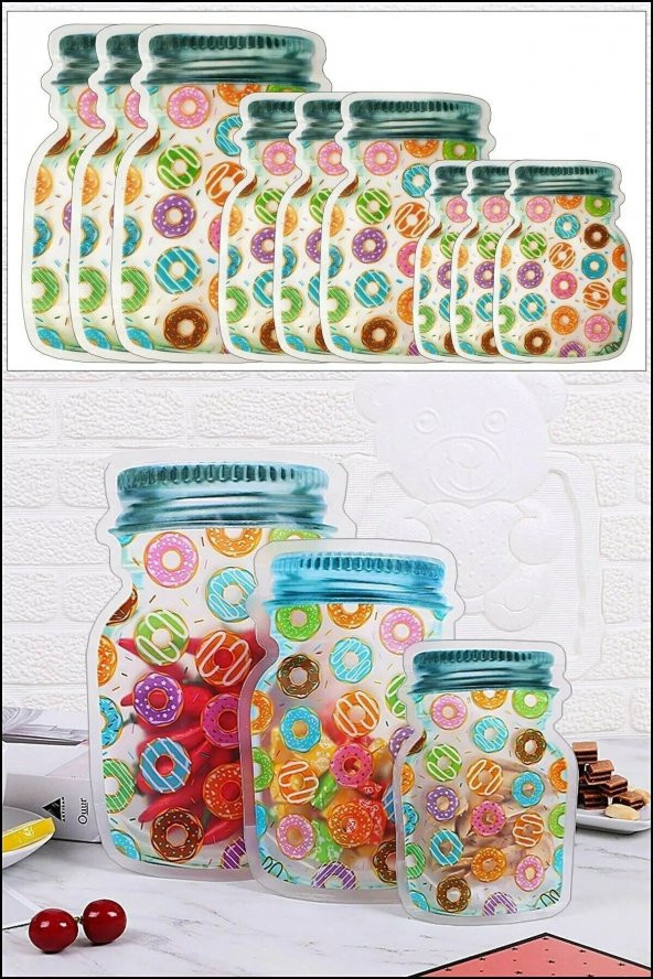 9 Adet 3 Boy Kavanoz Görünümlü Donutlu Kilitli Saklama Kabı / 150ml - 500ml - 620ml ürün görseli 1