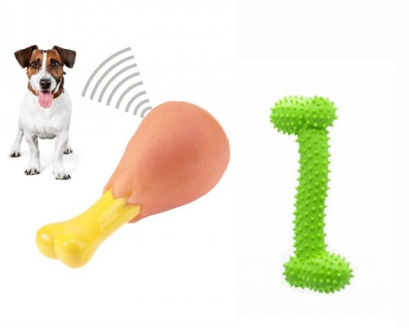 2li Köpek Oyun Seti Sesli Tavuk Butu ve Kemik Şekilli Diş Kaşıma Oyuncağı ürün görseli 1