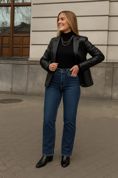 Kadın Orta Bel Düz Dar Kesim Jean Pantolon Lacivert ürün görseli 1