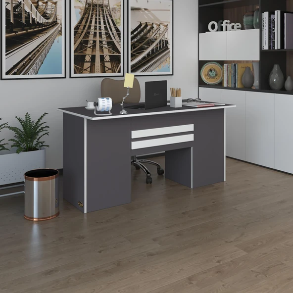 Kenzlife ofis masası pat morita gri 75*170*80 kilitli kapaklı dolap çiftli şeritli bilgisayar çalışma masası ürün görseli 1