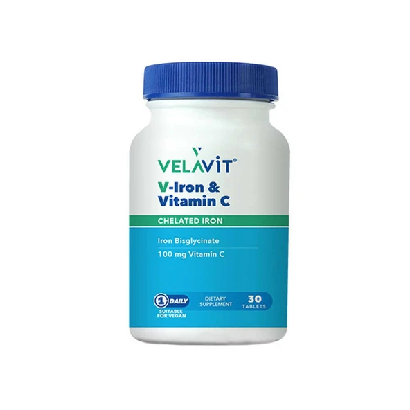 Velavit V-Iron & Vitamin C - Demir ve C Vitamini İçeren Takviye Edici Gıda 30 Tablet ürün görseli 1