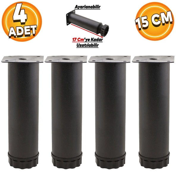 Ayarlanabilir Mobilya Kanepe Baza Koltuk Metal Yükseltici Destek Ayağı 15 Cm Siyah Ayakları 4 Adet ürün görseli 1