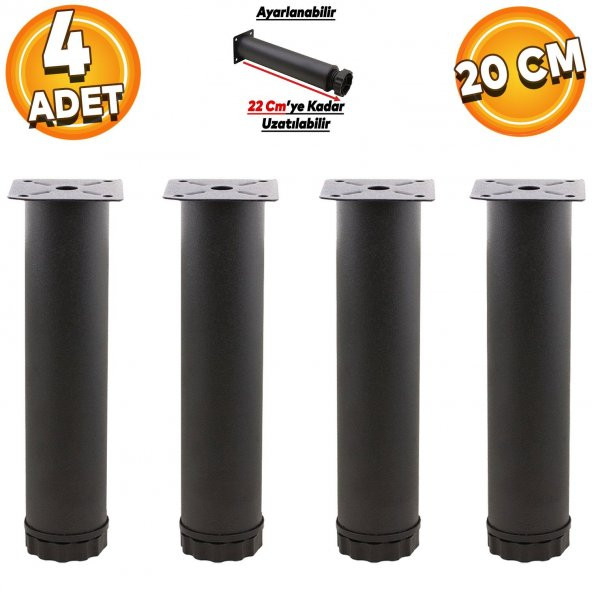 Ayarlanabilir Mobilya Kanepe Baza Koltuk Metal Destek Yükseltici Ayağı 20 Cm Siyah Metal Ayak 4 Adet ürün görseli 1