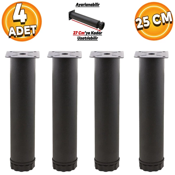 Ayarlanabilir Mobilya Kanepe Baza Koltuk Metal Destek Yükseltici Ayağı 25 Cm Siyah Ayakları (4 ADET) ürün görseli 1