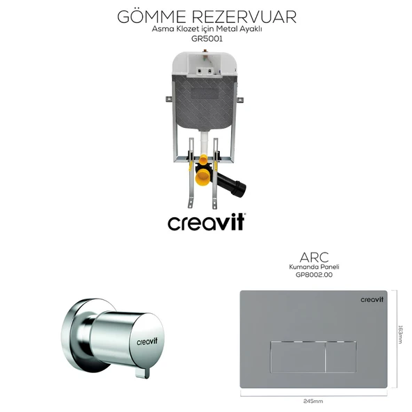 Creavit Arc Mat Gri Gömme Rezervuar Seti Asma Klozet Uyumlu 8 Cm 3/6 Litre GR5001-GP8002-MS.AC50L ürün görseli 1
