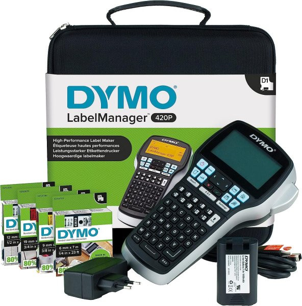 DYMO LabelManager 420P yüksek performanslı etiketleme aleti, çantalı, Taşınabilir etiket cihazı, ABC klavye, ekstra tekerlekli Dymo 4 Adet D1 yazı bandı, PC veya Mac arayüzlü ürün görseli 1