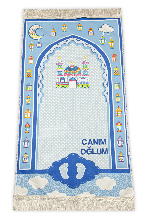 İsme Özel Desenli Dijital Baskılı Çocuk Seccadesi Mavi ürün görseli 1