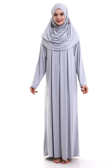 Tek Parça Pratik Başörtülü Robalı Namaz Elbisesi 8015 Gri ürün görseli 1