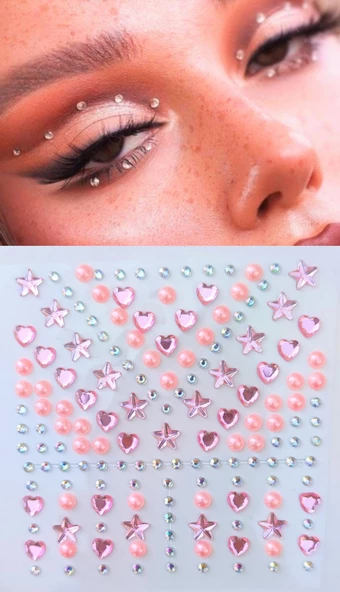 Açık Pembe İnci, Yıldız, Kalpli Model 159 Adet Işıltılı Yüz Ve Vücut Taşı Sticker ürün görseli 1