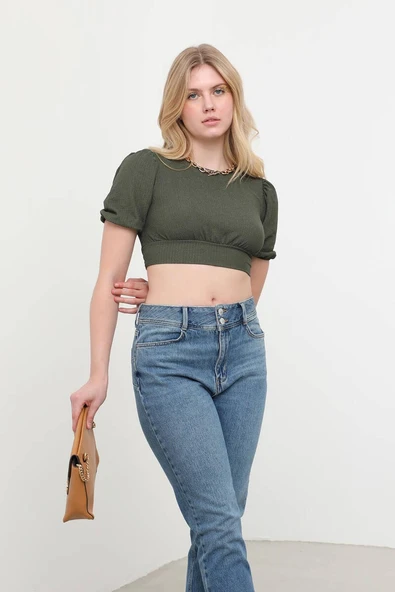 Sırt Dekolteli Kuşak Bağlamalı Crop Top Haki ürün görseli 1