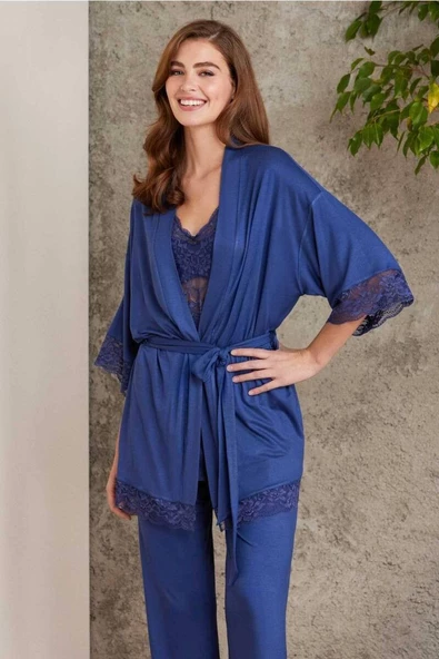Pierre Cardin Dantelli Sabahlıklı Penye Pijama Takımı Lacivert ürün görseli 1