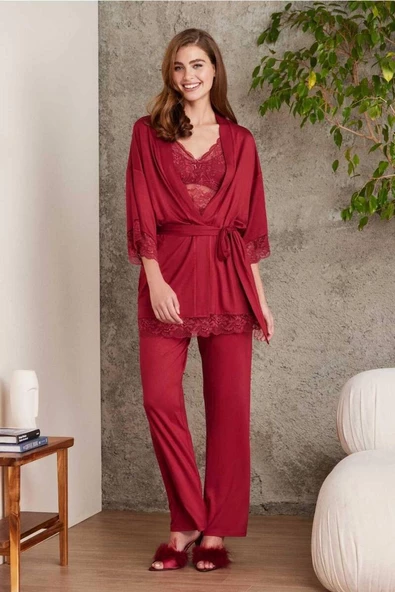 Pierre Cardin Dantelli Sabahlıklı Penye Pijama Takımı Bordo ürün görseli 1