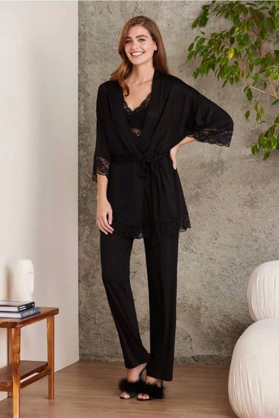 Pierre Cardin Dantelli Sabahlıklı Penye Pijama Takımı Siyah ürün görseli 1