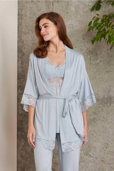 Pierre Cardin Dantelli Sabahlıklı Penye Pijama Takımı Mist ürün görseli 1