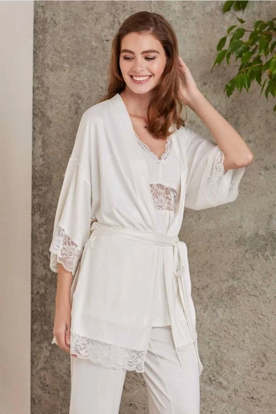 Pierre Cardin Dantelli Sabahlıklı Penye Pijama Takımı Ekru ürün görseli 1